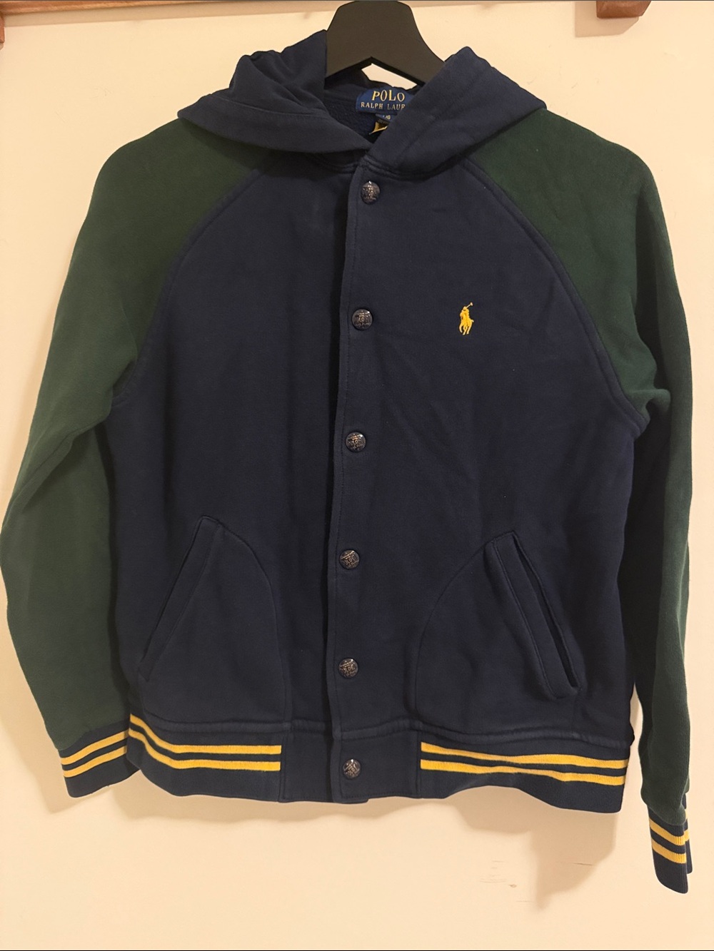 Polo by Ralph Lauren Navy & Forest Green Hooded Snap Jacket with Yellow Trim